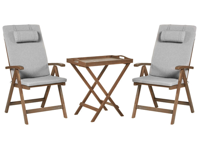 Garden Bistro Set Solid Acacia Wood with Grey Melange Cushions Table 2 Chairs Adjustable Backrest Folding Rustic Style Balcony Furniture Beliani