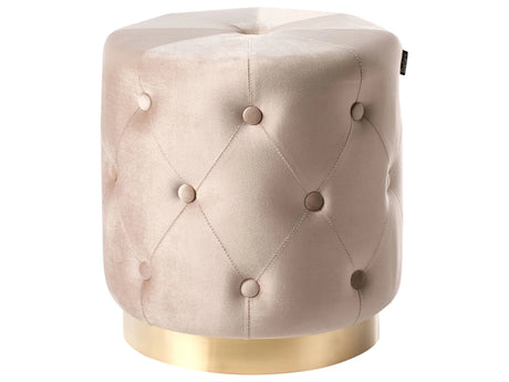 Pouffe Beige Velvet Upholstery Gold Base 40 x 41 cm Tufted Buttons Footstool Glamour Beliani