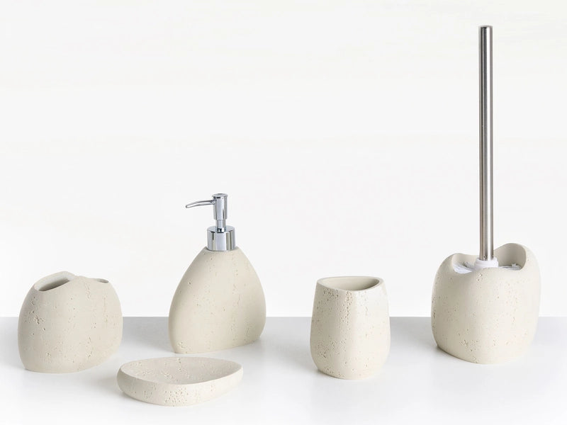 5-Piece Bathroom Accessories Set Light Beige Polyresin Soap Dish Soap Dispenser Toilet Brush Tumbler Toothbrush Holder Beliani