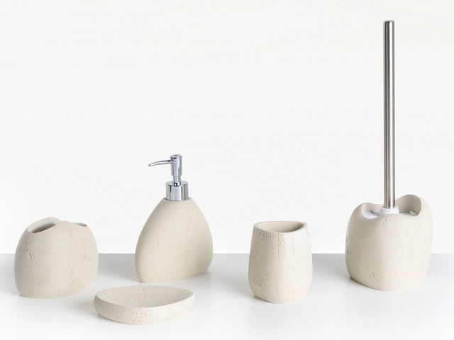 5-Piece Bathroom Accessories Set Light Beige Polyresin Soap Dish Soap Dispenser Toilet Brush Tumbler Toothbrush Holder Beliani