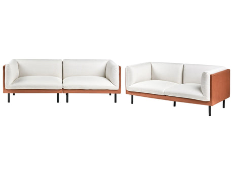 3 Seater Sofa Off-White and Brown Polyester Fabric and Faux Leather Metal Black Legs Upholstered Living Room Furniture Beliani