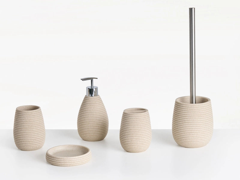 5-Piece Bathroom Accessories Set Light Beige Polyresin Soap Dish Soap Dispenser Toilet Brush Tumbler Toothbrush Holder Beliani