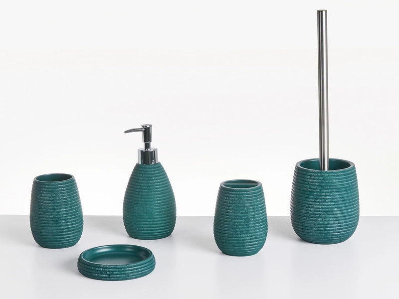 5-Piece Bathroom Accessories Set Teal Polyresin Soap Dish Soap Dispenser Toilet Brush Tumbler Toothbrush Holder Beliani