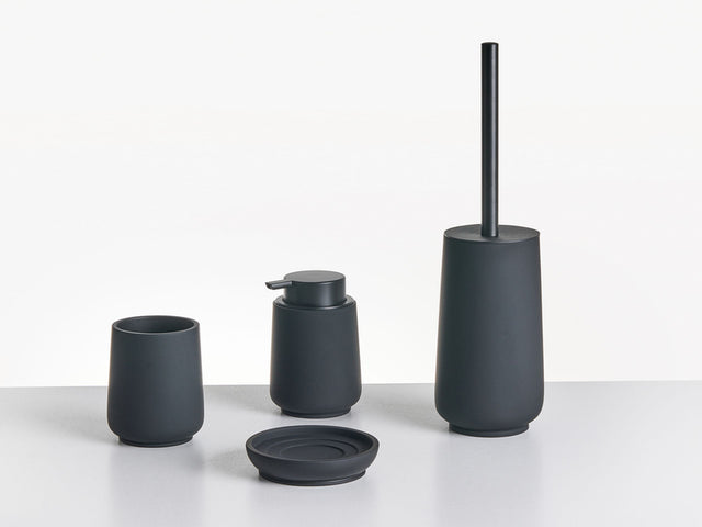 4-Piece Bathroom Accessories Set Black Polyresin Soap Dish Soap Dispenser Toilet Brush Tumbler Beliani
