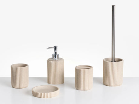 5-Piece Bathroom Accessories Set Light Beige Polyresin Soap Dish Soap Dispenser Toilet Brush Tumbler Toohtbrush Holder Beliani