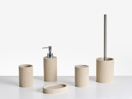 5-Piece Bathroom Accessories Set Light Beige Polyresin Soap Dish Soap Dispenser Toilet Brush Tumbler Toohtbrush Holder Beliani