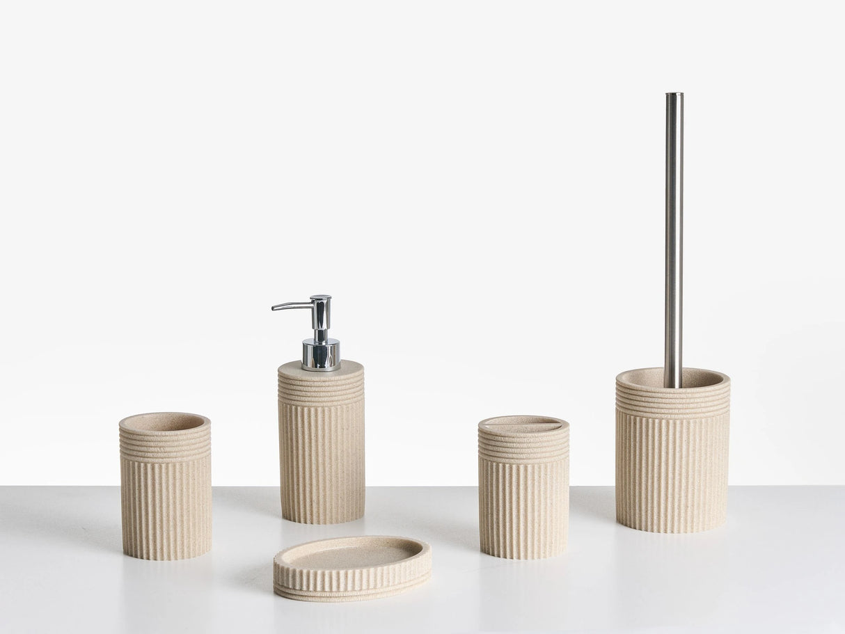 5-Piece Bathroom Accessories Set Light Beige Polyresin Soap Dish Soap Dispenser Toilet Brush Tumbler Toohtbrush Holder Beliani
