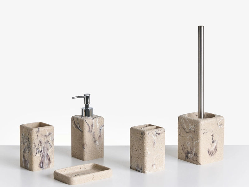 5-Piece Bathroom Accessories Set Beige Polyresin Soap Dish Soap Dispenser Toilet Brush Tumbler Toohtbrush Holder Beliani