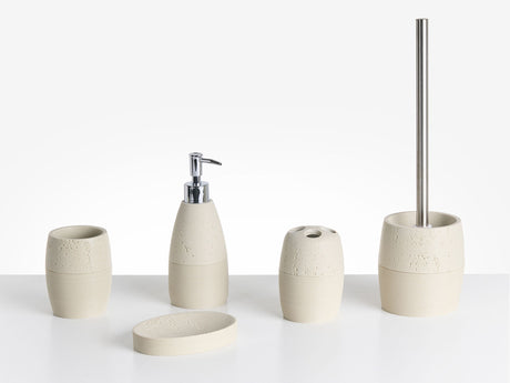 5-Piece Bathroom Accessories Set Light Beige Polyresin Soap Dish Soap Dispenser Toilet Brush Tumbler Toohtbrush Holder Beliani