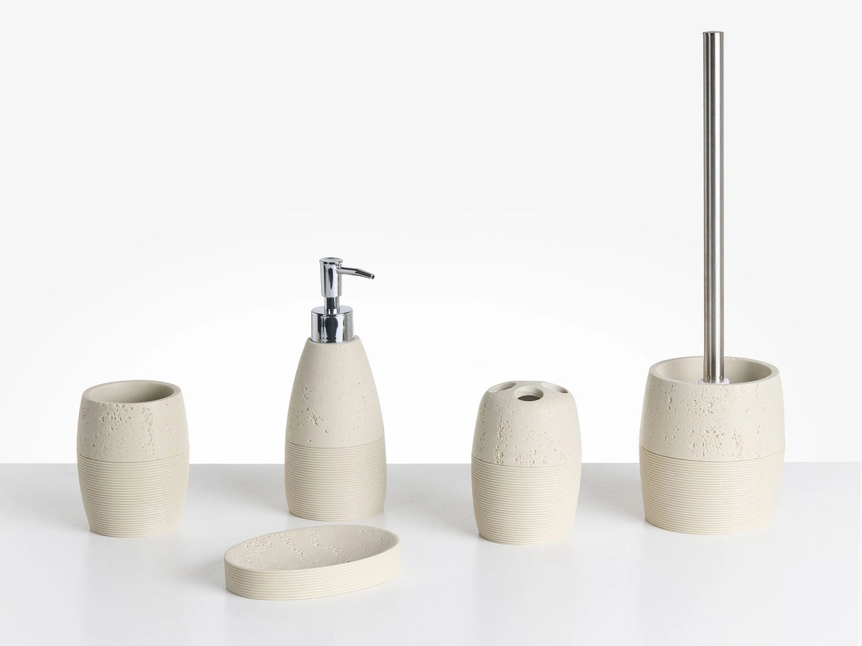 5-Piece Bathroom Accessories Set Light Beige Polyresin Soap Dish Soap Dispenser Toilet Brush Tumbler Toohtbrush Holder Beliani