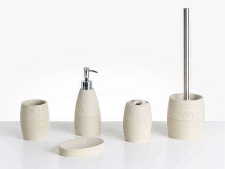 5-Piece Bathroom Accessories Set Light Beige Polyresin Soap Dish Soap Dispenser Toilet Brush Tumbler Toohtbrush Holder Beliani