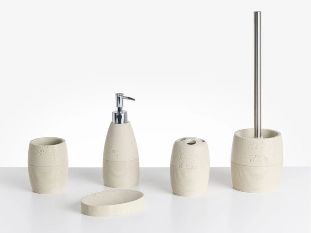 5-Piece Bathroom Accessories Set Light Beige Polyresin Soap Dish Soap Dispenser Toilet Brush Tumbler Toohtbrush Holder Beliani