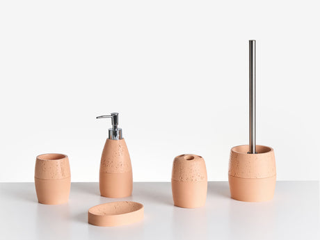5-Piece Bathroom Accessories Set Orange Polyresin Soap Dish Soap Dispenser Toilet Brush Tumbler Toohtbrush Holder Beliani