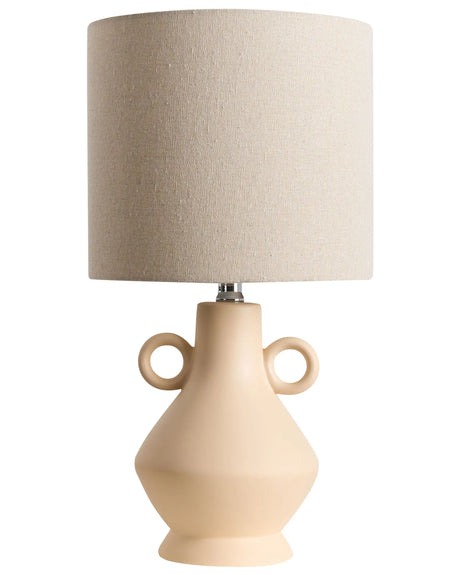 Table Lamp Beige Ceramic Base Fabric Textured Shade Drum Ambient Light Beliani