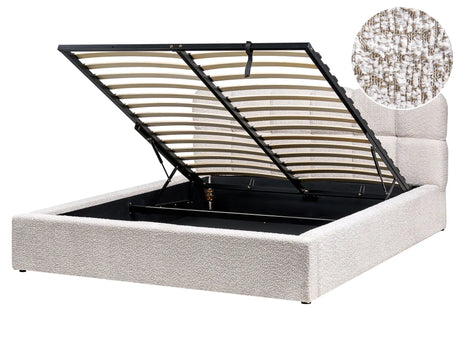 EU King Size Bed Light Beige Fabric Boucle 5ft3 Upholstered Frame Biscuit Headrest with Storage Beliani