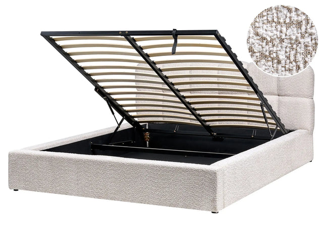 EU King Size Bed Light Beige Fabric Boucle 5ft3 Upholstered Frame Biscuit Headrest with Storage Beliani