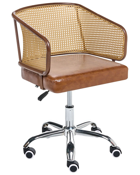 Office Chair Brown Faux Leather PE Rattan Backrest Swivel Adjustable Height with Armrests Home Office Study Traditional Beliani