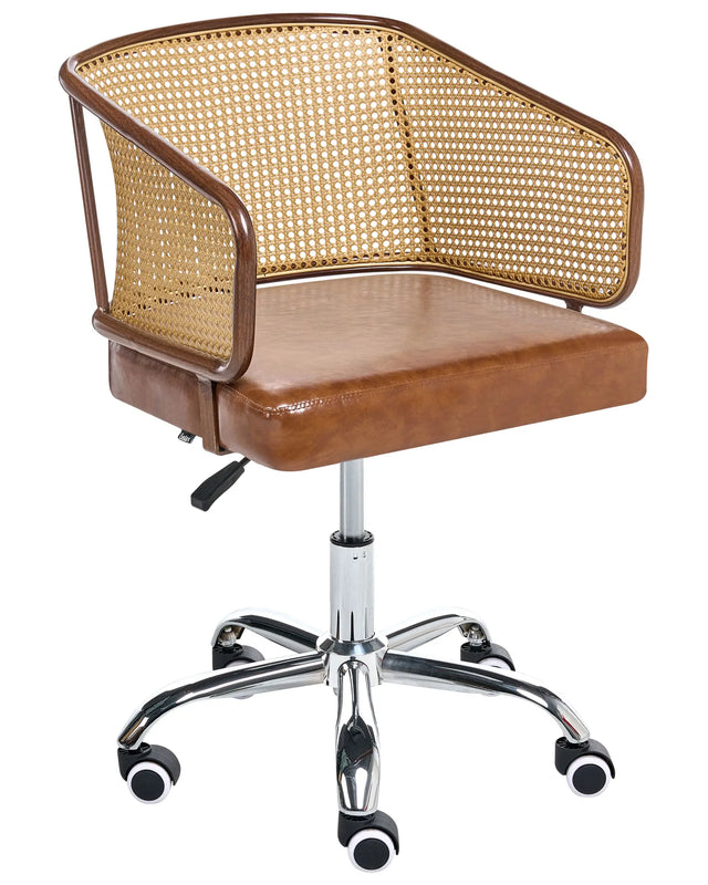Office Chair Brown Faux Leather PE Rattan Backrest Swivel Adjustable Height with Armrests Home Office Study Traditional Beliani