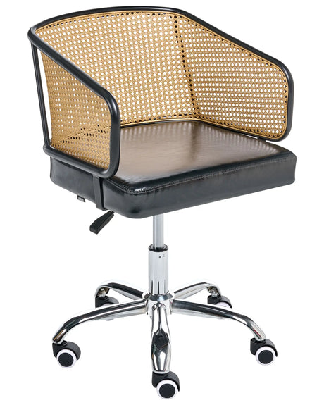 Office Chair Black Faux Leather PE Rattan Backrest Swivel Adjustable Height with Armrests Home Office Study Traditional Beliani