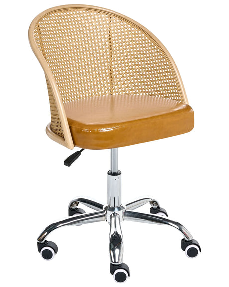 Office Chair Brown Faux Leather PE Rattan Backrest Swivel Adjustable Height without Armrests Home Office Study Traditional Beliani