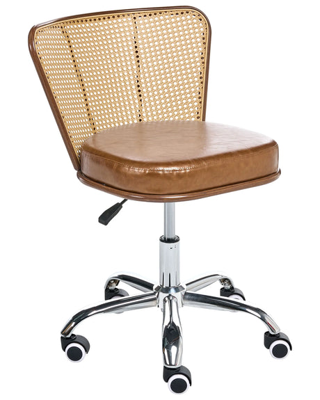 Office Chair Brown Faux Leather PE Rattan Backrest Swivel Adjustable Height without Armrests Home Office Study Traditional Beliani