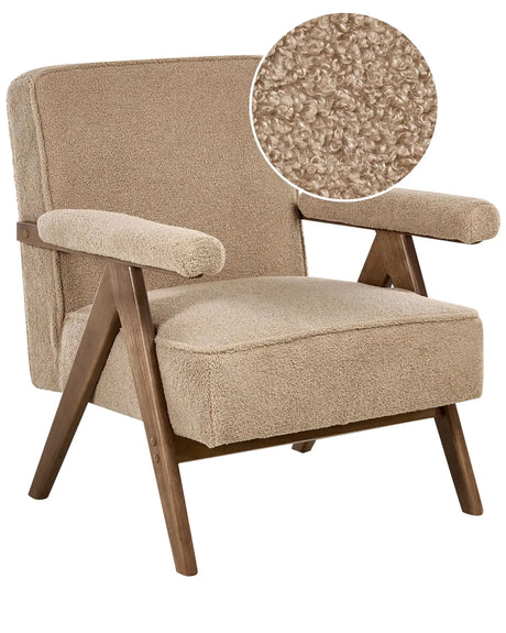 Armchair Sand Beige Polyester Fabric Boucle Upholstery Retro Design Wooden Frame Armrests Living Room Beliani