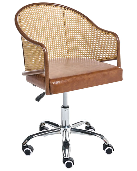 Office Chair Brown Faux Leather PE Rattan Backrest Swivel Adjustable Height with Armrests Home Office Study Traditional Beliani