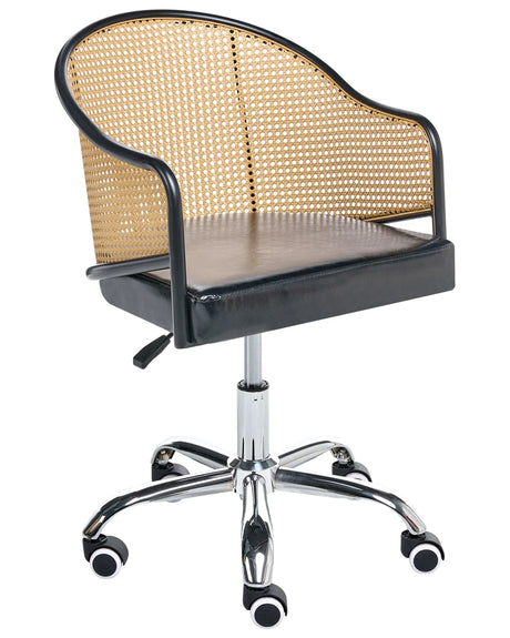 Office Chair Black Faux Leather PE Rattan Backrest Swivel Adjustable Height with Armrests Home Office Study Traditional Beliani