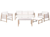 5 Seater Garden Sofa Set Light Beige Metal Frame Wood-like Finish Glass Tabletop 3 Seater Sofa Ottoman Armchairs with Cushions Modern Style Beliani