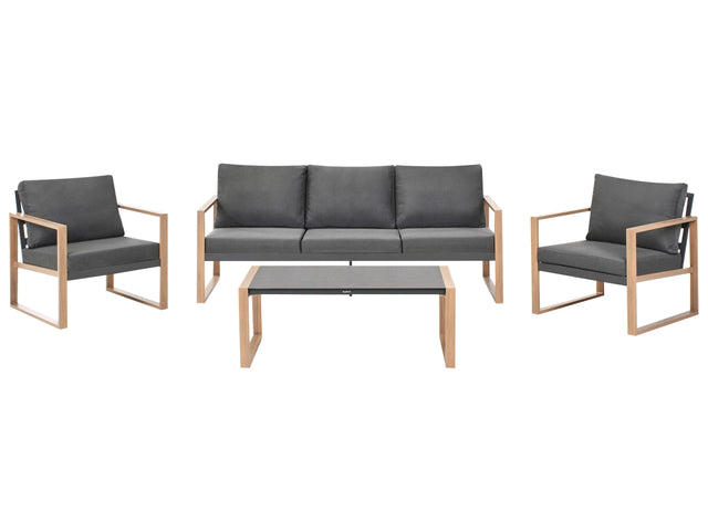 5 Seater Garden Sofa Set Dark Grey Metal Frame Wood-like Finish Glass Tabletop 3 Seater Sofa Armchairs with Cushions Modern Style Beliani