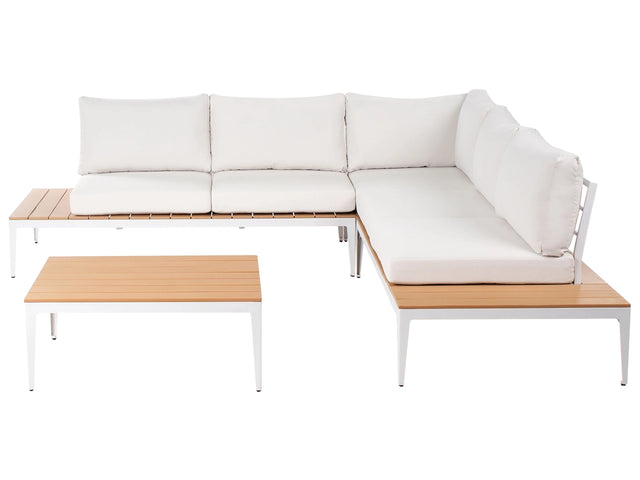 Garden Corner Sofa Set Off-White Cushions Slatted Design Table 5 Seater Modern Conversation Set Beliani