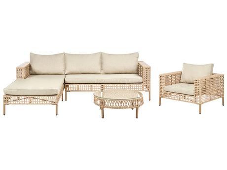 Right Hand Garden Lounge Set Beige PE Rattan 4 Seater with Cushions with Coffee Table and Armchair Beliani