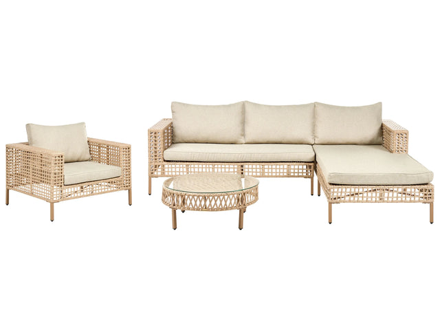Left Hand Garden Lounge Set Beige PE Rattan 4 Seater with Cushions with Coffee Table and Armchair Beliani