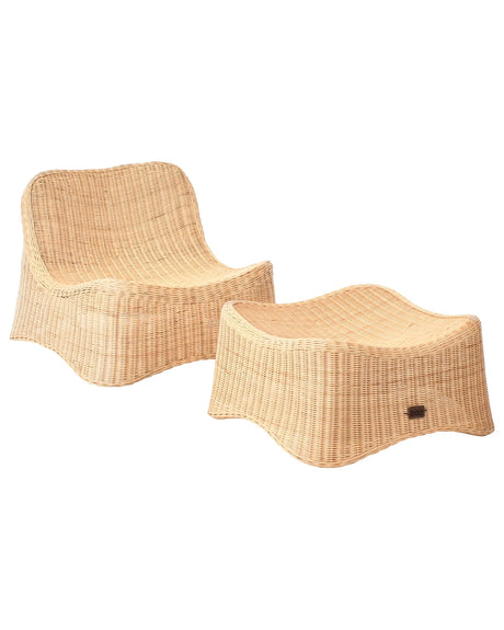 Rattan Garden Armchair and Footstool Natural Rattan Lounge Chair Low Stackable Set Beliani