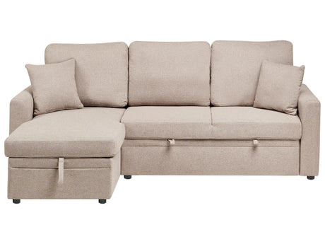 Right Hand Corner Sofa Bed Light Brown Upholstery Polyester Faux Linen Storage Pillows Modern Design Beliani