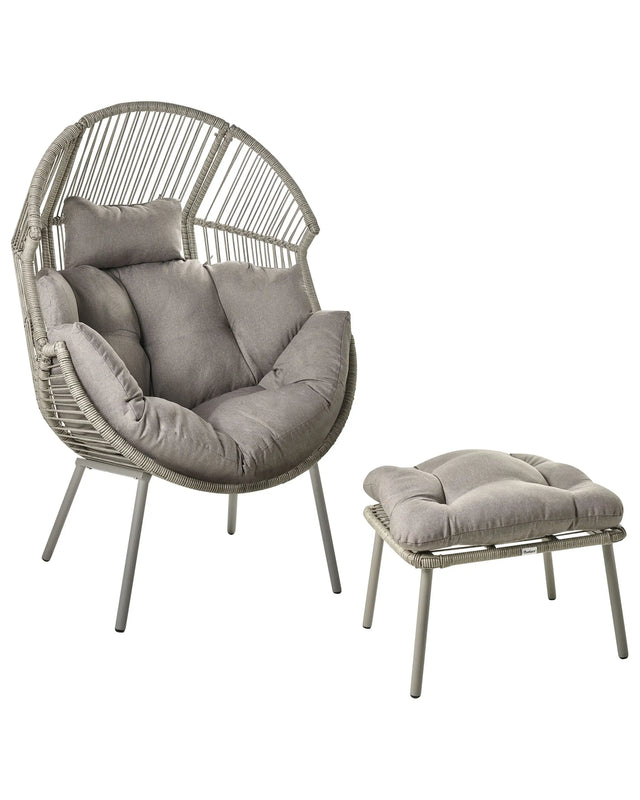 Garden Armchair Grey PE Rattan with Footrest Cotton Seat Back Cushions Grey Indoor Outdoor Beliani