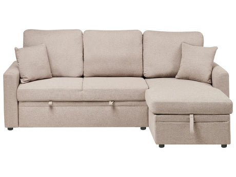 Corner Sofa Bed Light Brown Upholstery Polyester Faux Linen Storage Pillows Modern Design Beliani