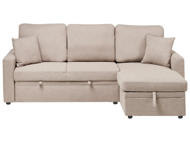 Corner Sofa Bed Light Brown Upholstery Polyester Faux Linen Storage Pillows Modern Design Beliani