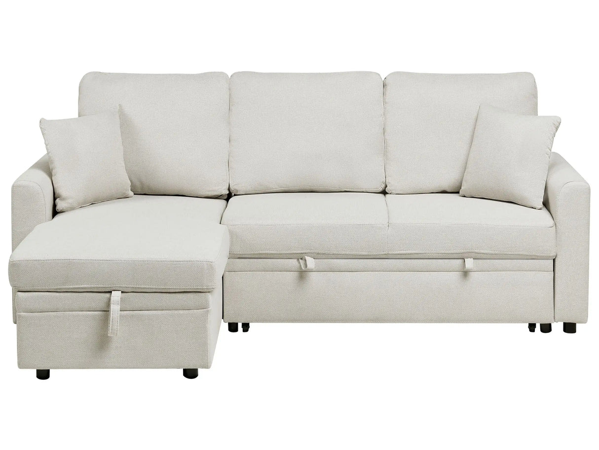 Corner Sofa Bed Light Beige Upholstery Polyester Faux Linen Storage Pillows Modern Design Beliani