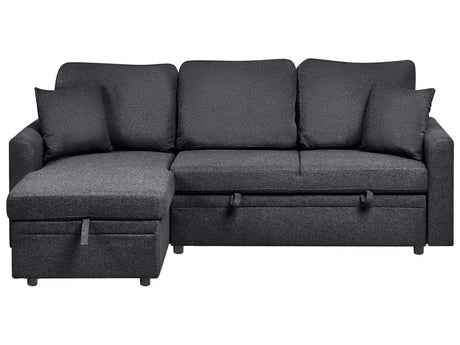 Corner Sofa Bed Black Upholstery Polyester Faux Linen Storage Pillows Modern Design Beliani