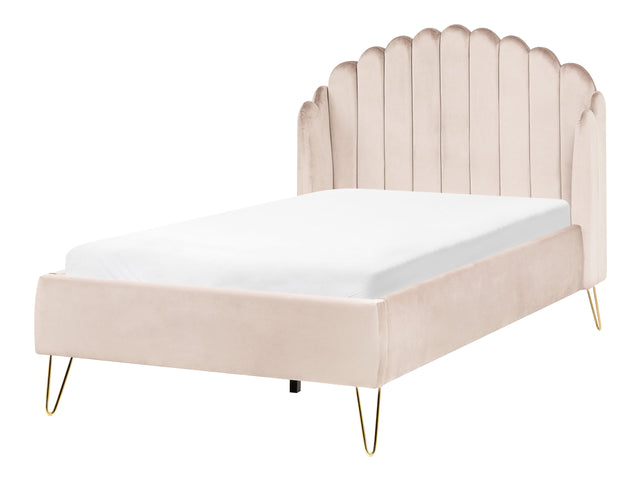 Bed Frame Beige Fabric Upholstery EU Small Double Size 4ft Metal Legs Retro Design Chanell Shell Headboard Beliani