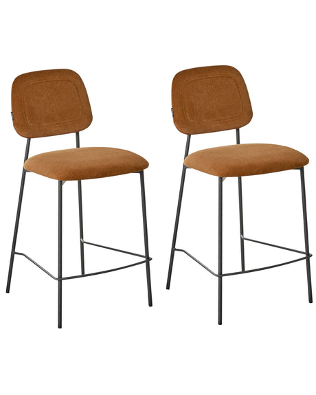 Set of 2 Bar Chairs Orange Velvet Upholstery Black Iron Frame Counter Height Seat Dining Room Furniture Modern Design Beliani