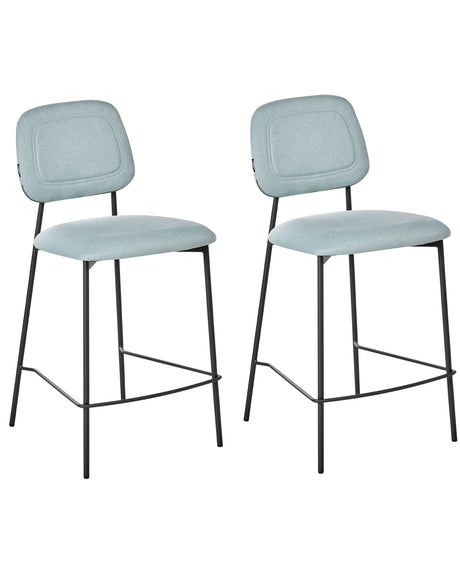 Set of 2 Bar Chairs Light Blue Fabric Upholstery Black Iron Frame Counter Height Seat Dining Room Furniture Modern Design Beliani