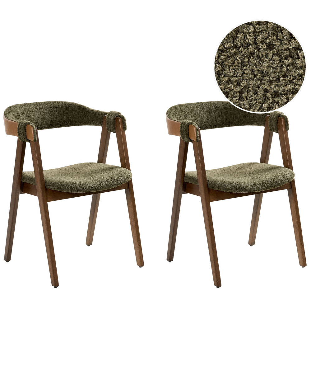 Set of 2 Dining Chairs Dark Brown and Green Polyester Boucle Fabric Rubberwood Legs Retro Traditional Style Beliani