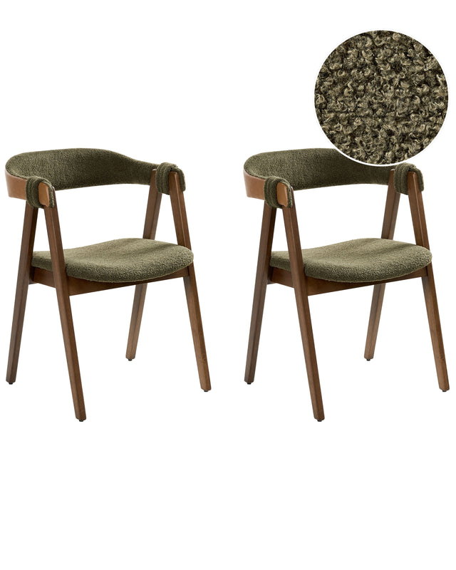 Set of 2 Dining Chairs Dark Brown and Green Polyester Boucle Fabric Rubberwood Legs Retro Traditional Style Beliani