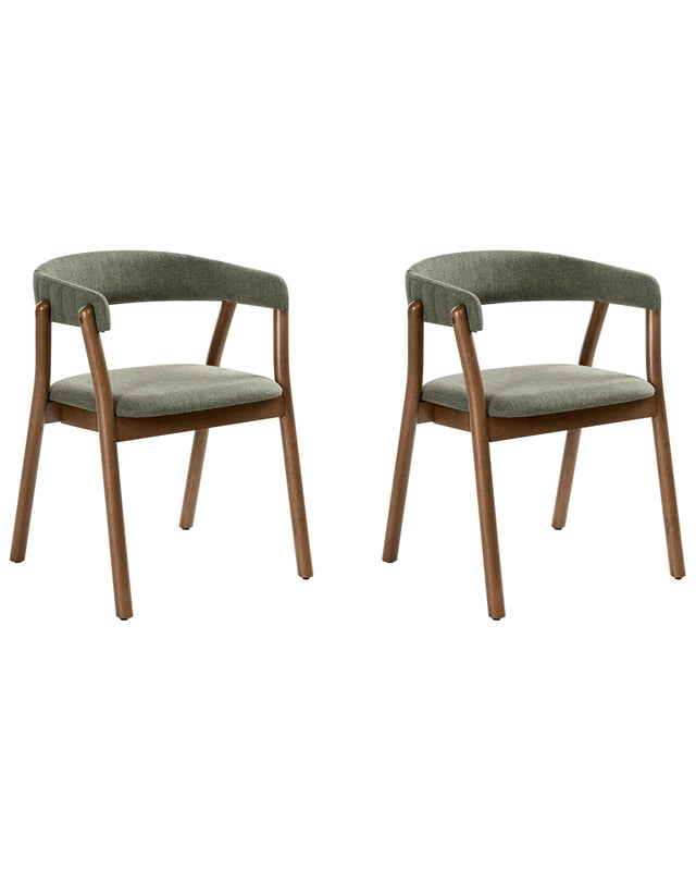Set of 2 Dining Chairs Dark Brown and Green Polyester Fabric Rubberwood Legs Retro Traditional Style Beliani