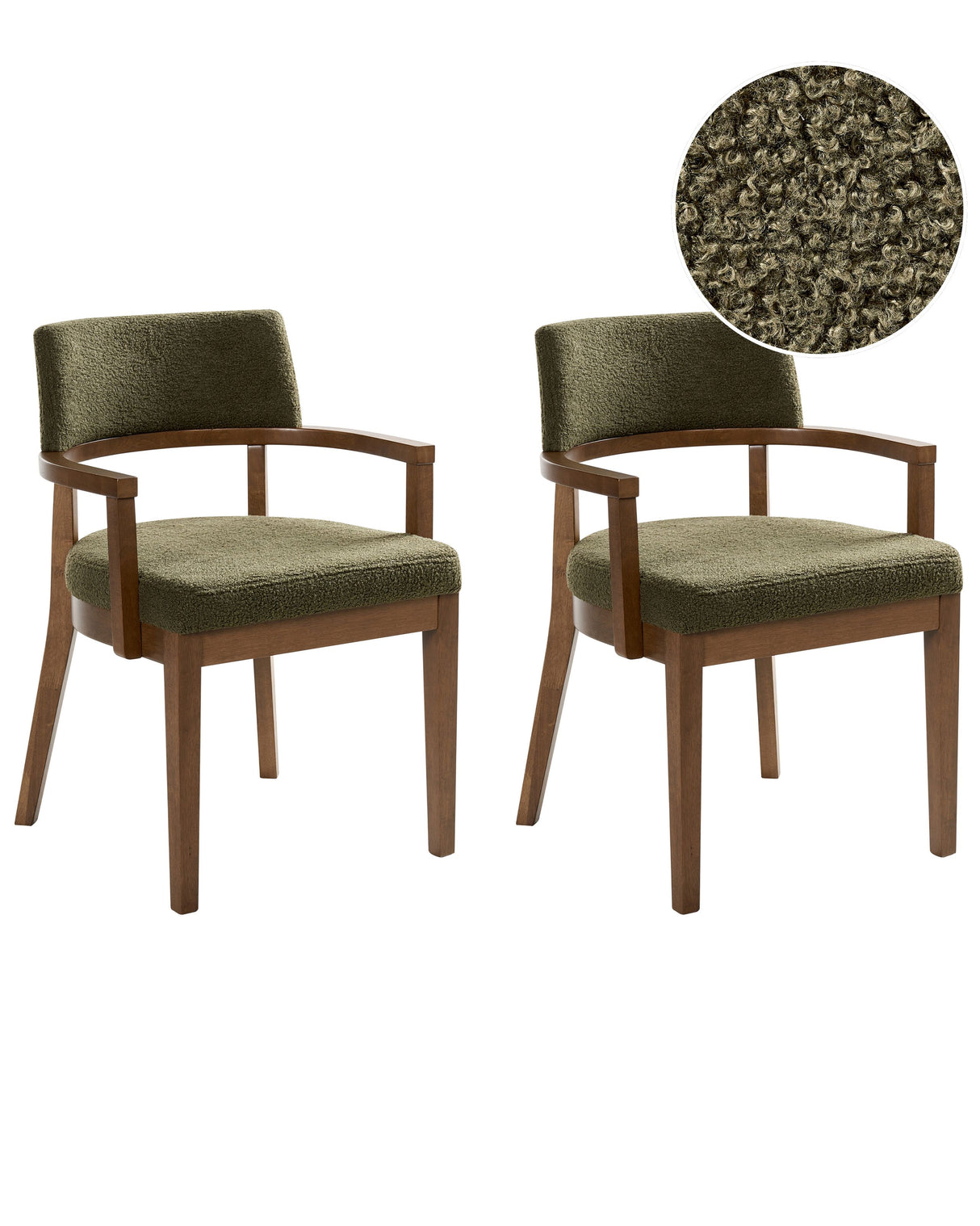 Set of 2 Dining Chairs Dark Brown and Green Polyester Boucle Fabric Rubberwood Legs Retro Traditional Style Beliani