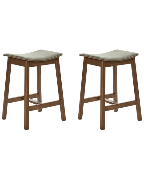Set of 2 Bar Chairs Dark Brown Green Rubberwood Polyester Upholstered Seat Beliani