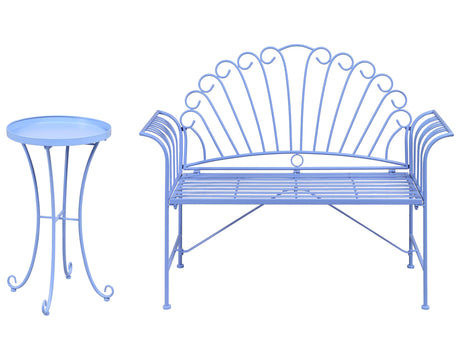 Outdoor Bench Set Light Blue Metal 2 Seater Flared Armrests with Table Vintage Style Beliani