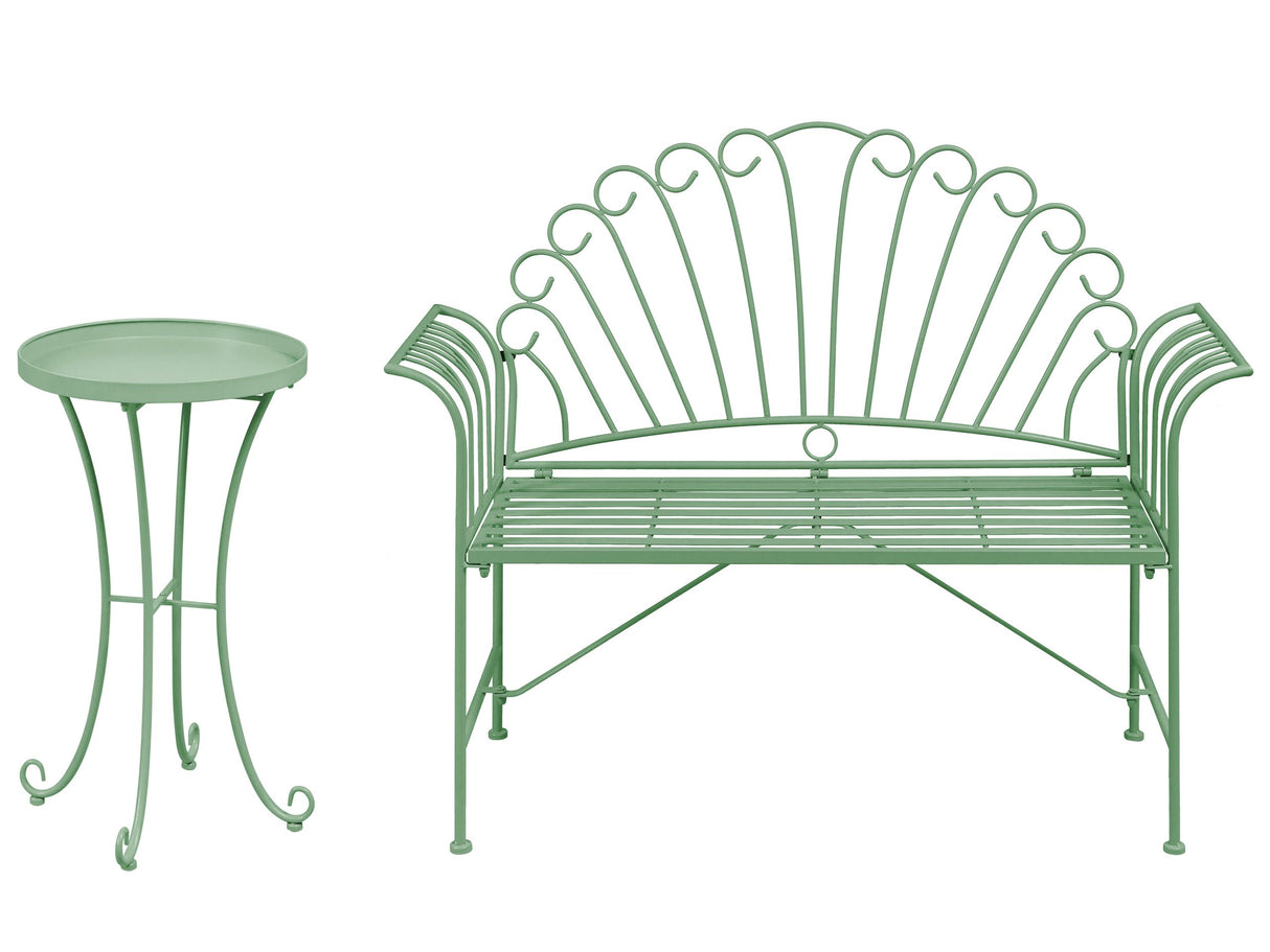 Outdoor Bench Set Green Metal 2 Seater Flared Armrests with Table Vintage Style Beliani